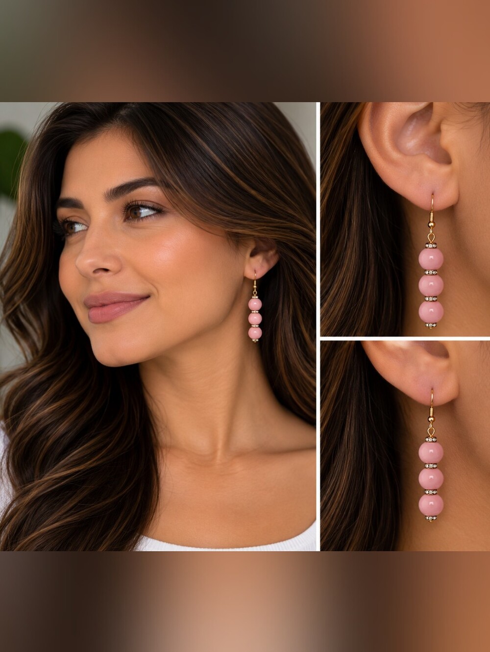 Gold Drop Earrings with Pink Beaded Stack